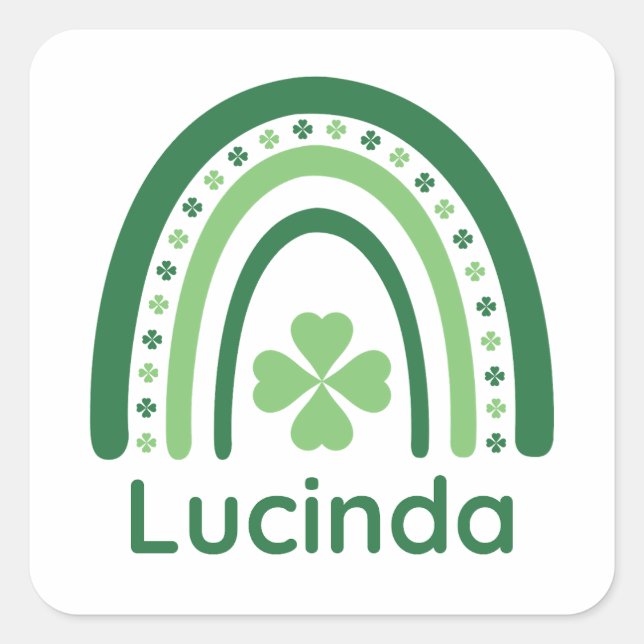 Lucinda Name Clover Boho Rainbow Quadratischer Aufkleber (Vorderseite)