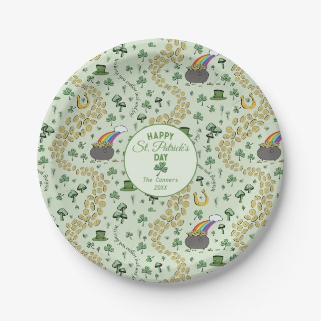 Luck & Joy Coins & Green Kleeblatts St Patricks Da Pappteller (Vorderseite)