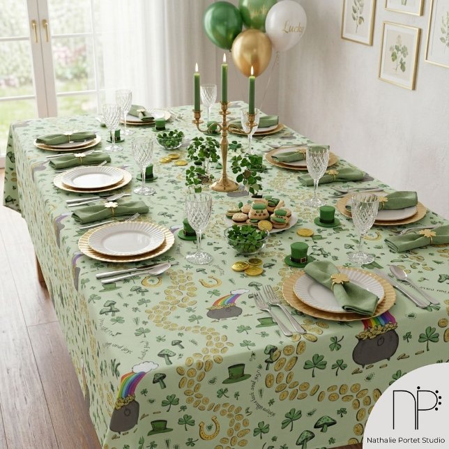 Luck & Joy Coins & Green Kleeblatts St Patricks Da Tischdecke (Hand drawn St Patricks Day tablecloth with luck and joy messages and whimsical Irish party art)