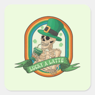 Lucky A Latte - Skelett, Kaffee und Kleider Quadratischer Aufkleber