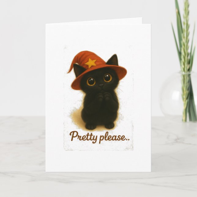 Lucky Black Cat Emi – Pretty Please Witch Hat Karte (Vorderseite)