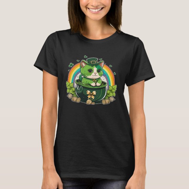 Lucky Cat and Pot Rainbow Shamrock St Patrick s Da T-Shirt (Vorderseite)
