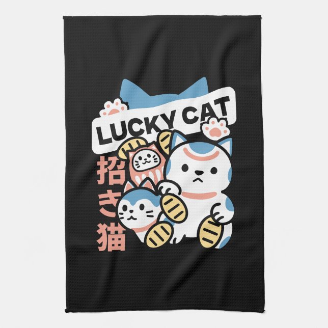 Lucky Cat Art – Maneki Neko with Gold Coin Geschirrtuch (Vertikal)