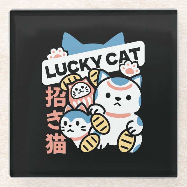 Lucky Cat Art – Maneki Neko with Gold Coin Glasuntersetzer (Vorderseite)