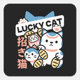 Lucky Cat Art – Maneki Neko with Gold Coin Quadratischer Aufkleber