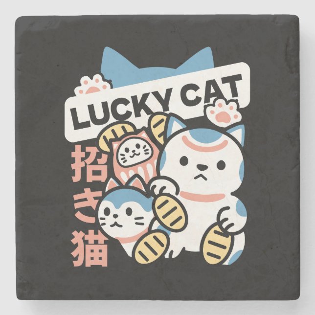 Lucky Cat Art – Maneki Neko with Gold Coin Steinuntersetzer (Vorderseite)