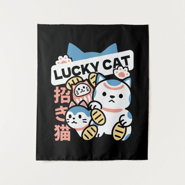 Lucky Cat Art – Maneki Neko with Gold Coin Wandteppich (Vorderseite)