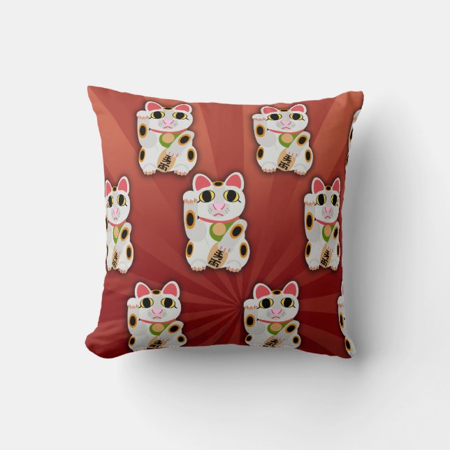 Lucky Cat Cartoon Fortune Pet White Kitty Art Kissen (Vorderseite)