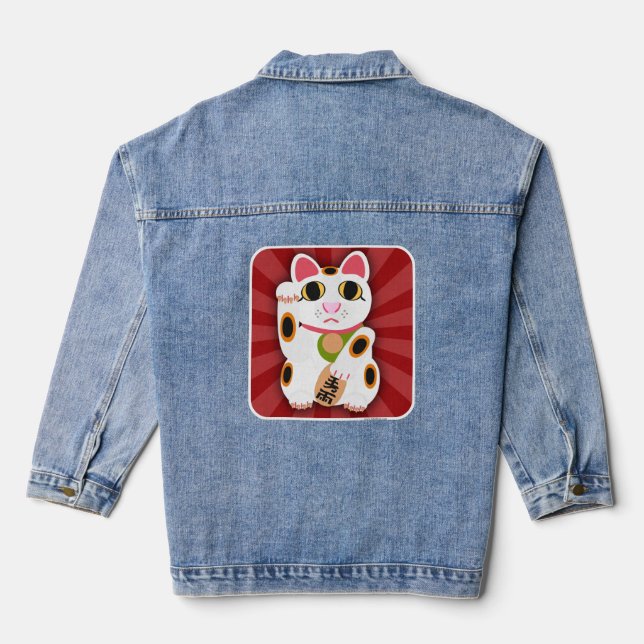 Lucky Cat Cartoon Niedlich White Fortune Fun Jeansjacke (Rückseite)