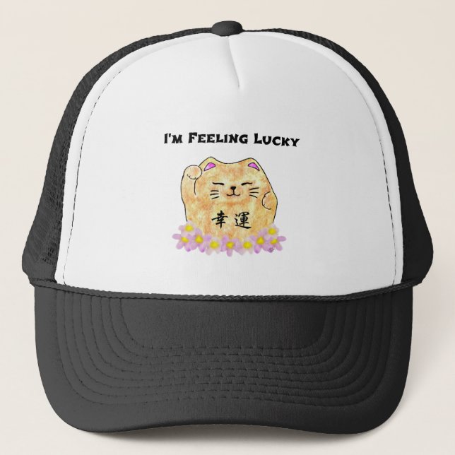 Lucky Cat (Maneki Neko) - "I'm Gefühl Lucky" Truckerkappe (Vorderseite)
