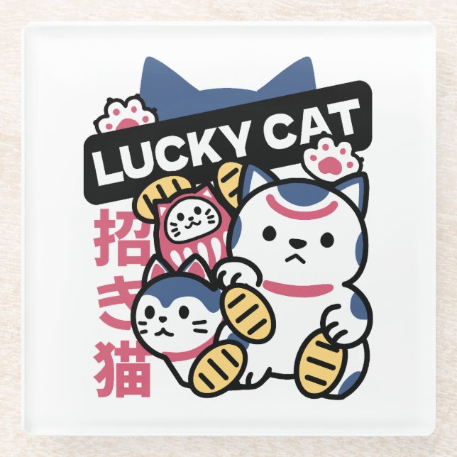 Lucky Cat Maneki Neko – Japanese Fortune Cat  Glasuntersetzer (Vorderseite)