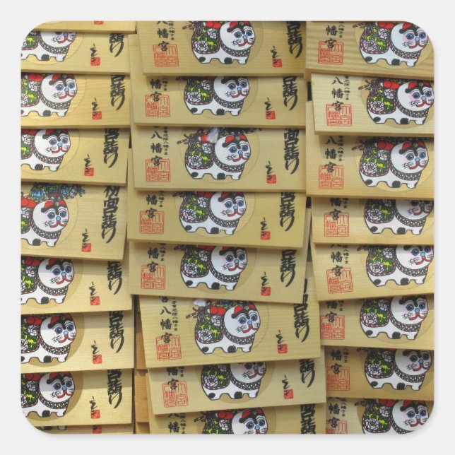 Lucky Cat Prayer Plaques: Tokyo, Japan Postcard Quadratischer Aufkleber (Vorderseite)