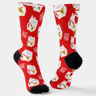 Lucky Cat Rot und Weiß Gemustert Socken