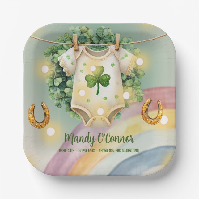 Lucky Charm Kleeblatt und Rainbow Baby Dusche Pappteller (Vorderseite)