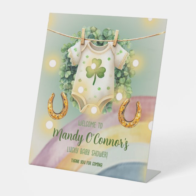 Lucky Charm Kleeblatt und Rainbow Baby Dusche Sockelschild (Vorderseite)