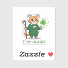 Lucky Charmer Cat With Shillelagh And Clover Aufkleber