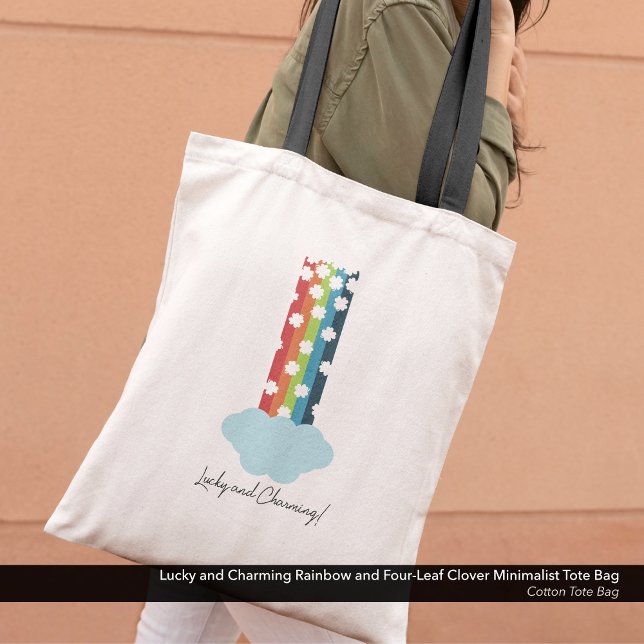 Lucky & Charming Rainbow 4-Leaf Clover Minimalisti Tragetasche (Lucky and Charming Minimalist Tote Bag with a Rainbow and Four-Leaf Clover Design. )