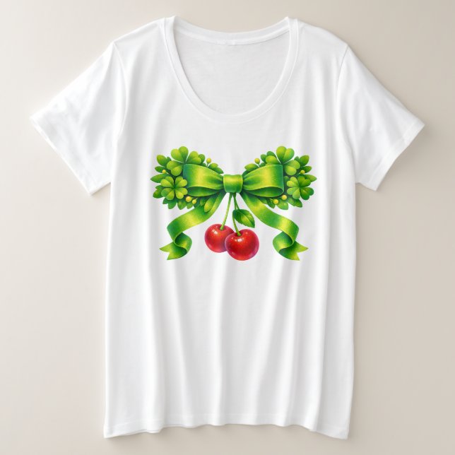 Lucky Clover Bow with Cherries Green Design Große Größe T-Shirt (Design vorne)