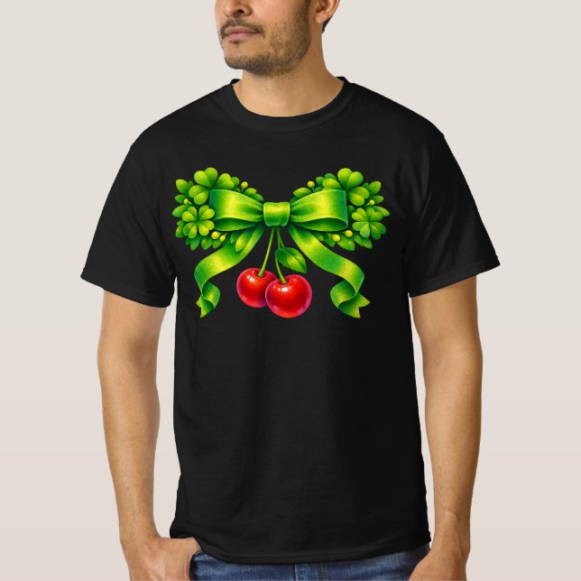 Lucky Clover Bow with Cherries Green Design T-Shirt (Vorderseite)