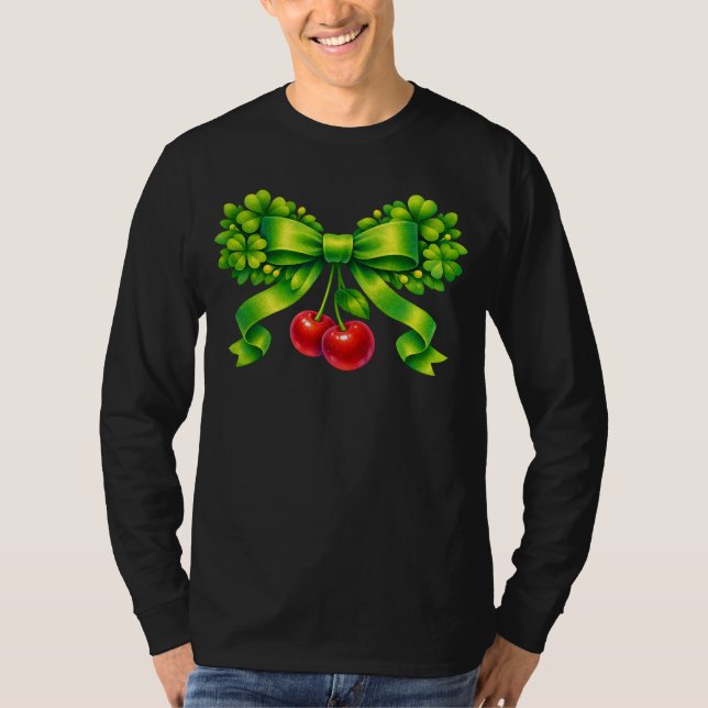 Lucky Clover Bow with Cherries Green Design T-Shirt (Vorderseite)