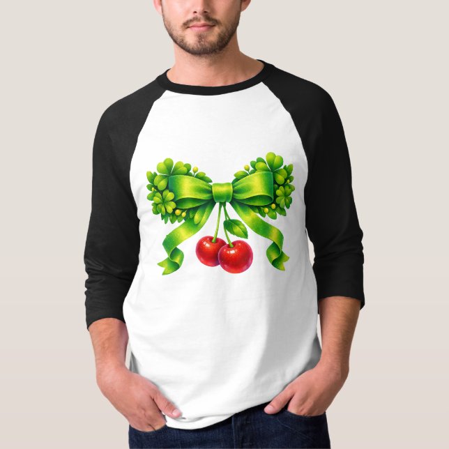 Lucky Clover Bow with Cherries Green Design T-Shirt (Vorderseite)