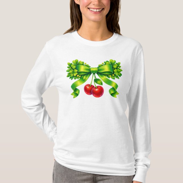 Lucky Clover Bow with Cherries Green Design T-Shirt (Vorderseite)