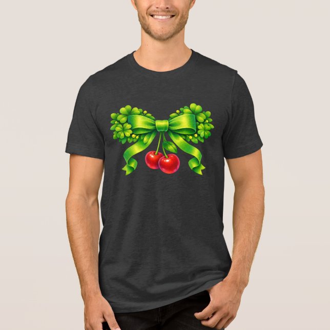 Lucky Clover Bow with Cherries Green Design Tri-Blend Shirt (Vorderseite)