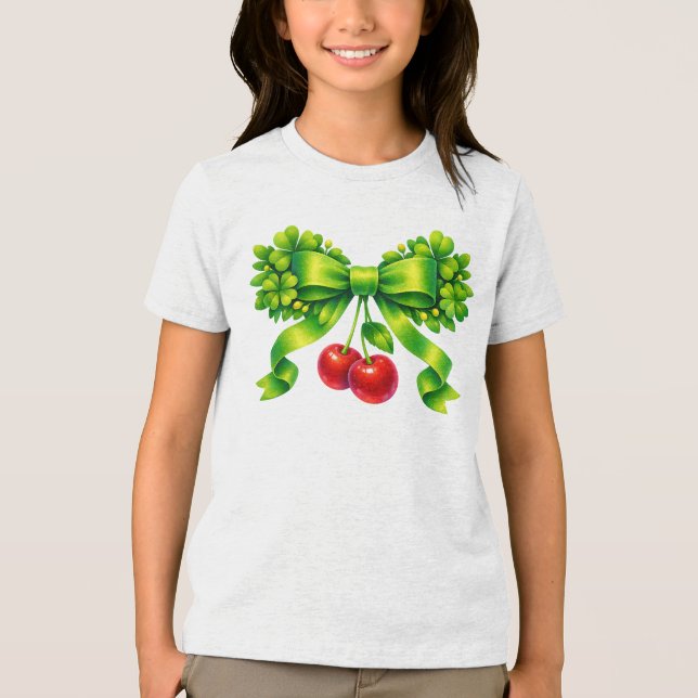 Lucky Clover Bow with Cherries Green Design Tri-Blend Shirt (Vorderseite)