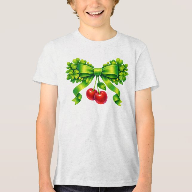 Lucky Clover Bow with Cherries Green Design Tri-Blend Shirt (Vorderseite)