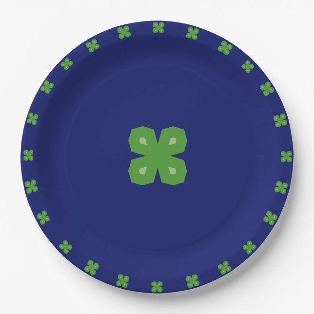 Lucky Geometric Vier-Leaf Clovers auf Blue Pappteller (Vorderseite)
