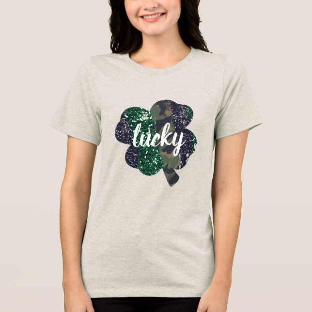 Lucky Glitzer & Camouflage Kleeblatt St. Patrick's Tri-Blend Shirt (Vorderseite)