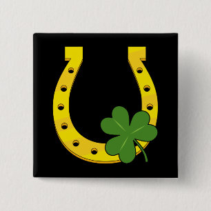 Lucky Golden Horseshoe mit Kleeblatt auf Schwarz Button