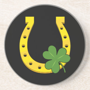 Lucky Golden Horseshoe mit Kleeblatt auf Schwarz Getränkeuntersetzer