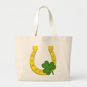 Lucky Golden Horseshoe mit Kleeblatt auf Schwarz Jumbo Stoffbeutel