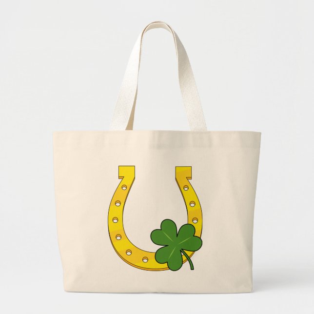 Lucky Golden Horseshoe mit Kleeblatt auf Schwarz Jumbo Stoffbeutel (Vorne)