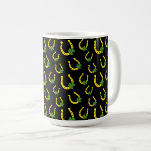 Lucky Golden Horseshoe mit Kleeblatt auf Schwarz Kaffeetasse