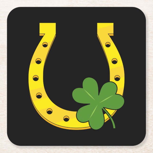 Lucky Golden Horseshoe mit Kleeblatt auf Schwarz Rechteckiger Pappuntersetzer (Vorderseite)