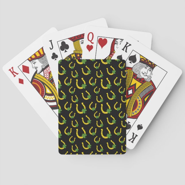 Lucky Golden Horseshoe mit Kleeblatt auf Schwarz Spielkarten (Rückseite)