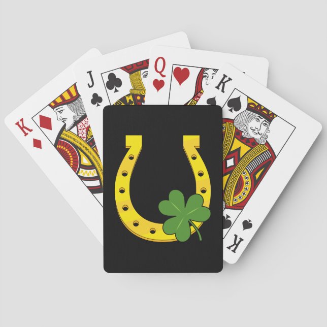 Lucky Golden Horseshoe mit Kleeblatt auf Schwarz Spielkarten (Rückseite)
