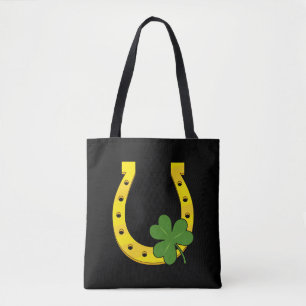 Lucky Golden Horseshoe mit Kleeblatt auf Schwarz Tasche
