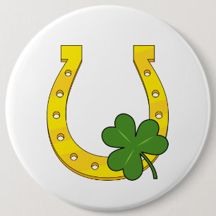 Lucky Golden Horseshoe mit Kleeblatt auf Weiß Button
