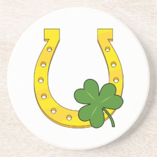 Lucky Golden Horseshoe mit Kleeblatt auf Weiß Getränkeuntersetzer