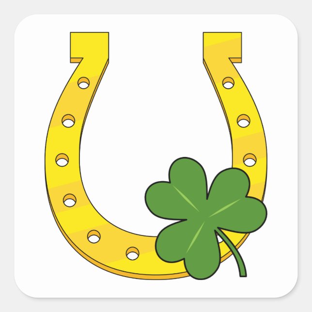 Lucky Golden Horseshoe mit Kleeblatt auf Weiß Quadratischer Aufkleber (Vorderseite)