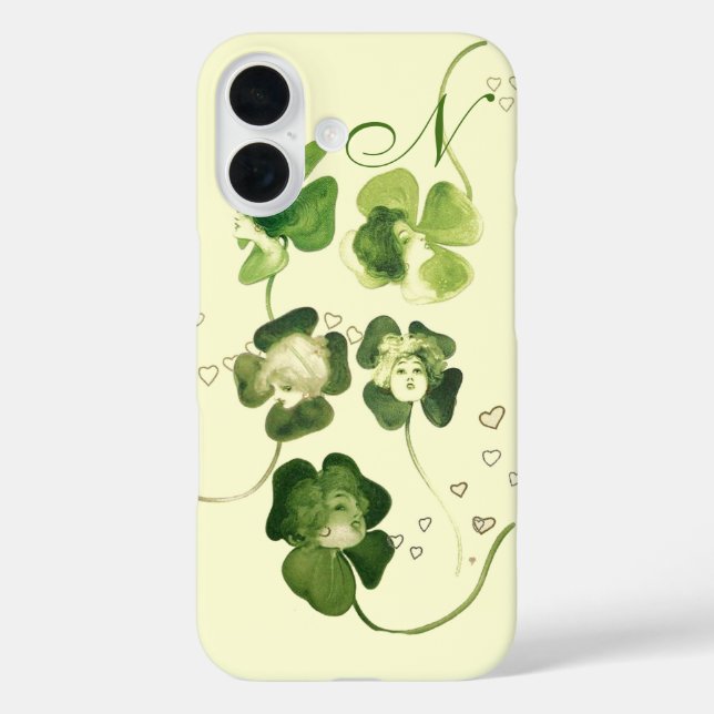 LUCKY GREEN KLEEBLATT LADIES with HEARTS Monogram iPhone 16 Hülle (Rückseite)