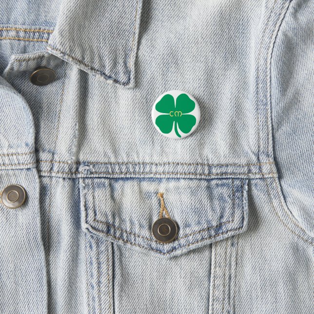 Lucky Green Vierblättriges Kleeblatt Name Initials Button (Beispiel)