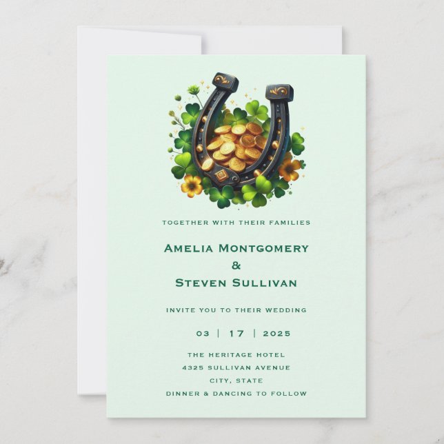 Lucky Horseshoe Gold Coins und Clover Wedding Einladung (Vorderseite)