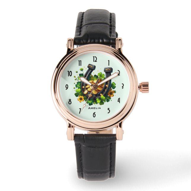 Lucky Horseshoe Goldmünzen und Klee Armbanduhr (Vorderseite)