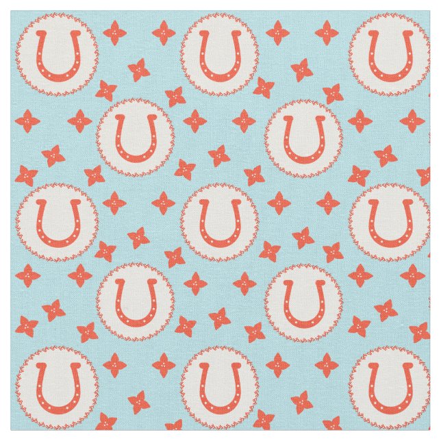 Lucky Horseshos Muster Light Blue und Orange Stoff (Nahaufnahme)