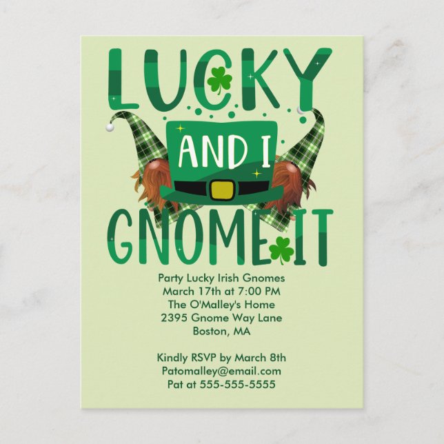 Lucky I Gnome It St patrick Party Invitation Carte (Devant)