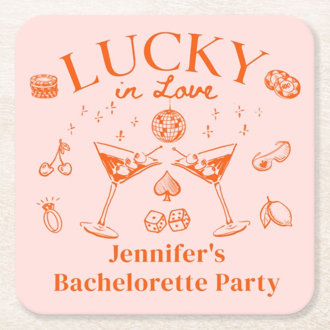 Lucky in der Liebe Orange Cocktail Bachelorette Rechteckiger Pappuntersetzer (Vorderseite)
